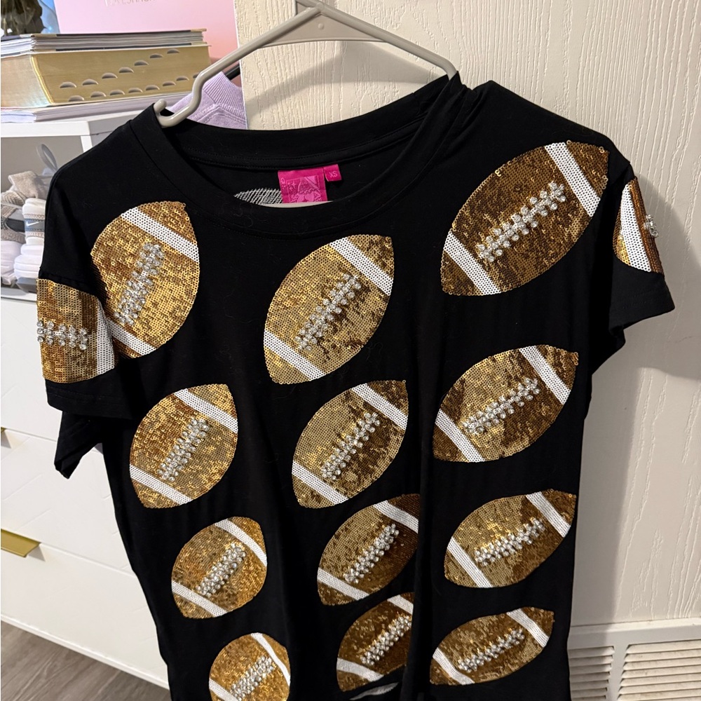 Black T-Shirt with Gold Sequin Footballs